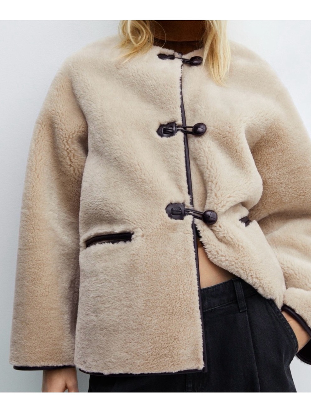 Mango Cream Faux Shearling Toggle Jacket